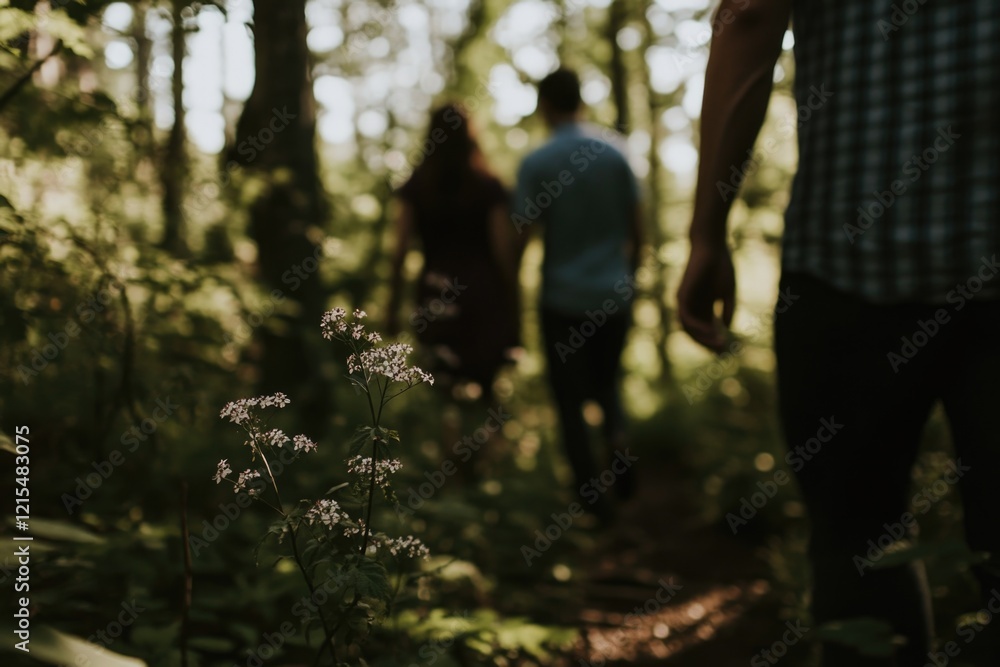 Obraz premium People walking in forest with sunlit wildflowers