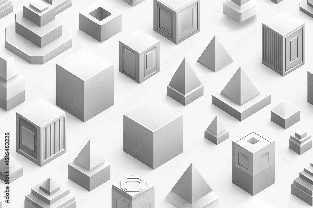 Seamless pattern of isometric geometric shapes in soft gray tones with high depth of field for modern design applications Seamless pattern of isometric geometric shapes in soft gray tones with high depth of field for modern design applications