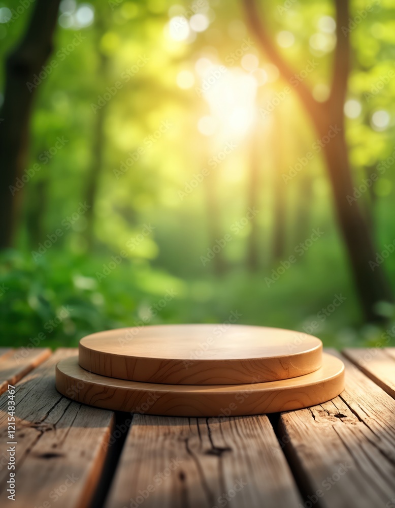 Wooden dais on wooden table in front of nature background. Product presentation mockup. Natural wood platform. Ideal for products. Simple, elegant design. Rustic style. Eco-friendly. Suitable for Wooden dais on wooden table in front of nature background. Product presentation mockup. Natural wood platform. Ideal for products. Simple, elegant design. Rustic style. Eco-friendly. Suitable for
