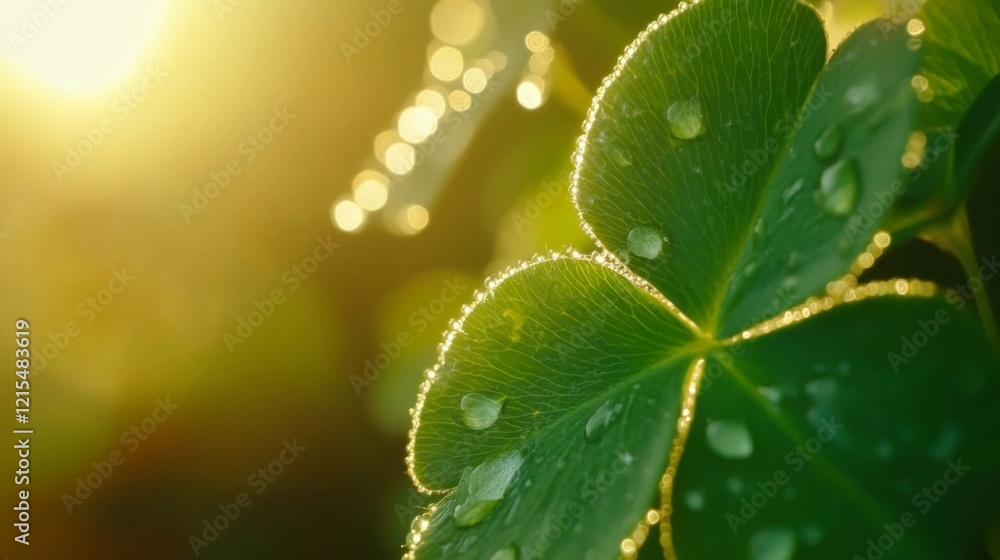 Vibrant green clover with dew drops bathed in golden sunlight, symbolizing luck and renewal in nature's embrace. Vibrant green clover with dew drops bathed in golden sunlight, symbolizing luck and renewal in nature's embrace.
