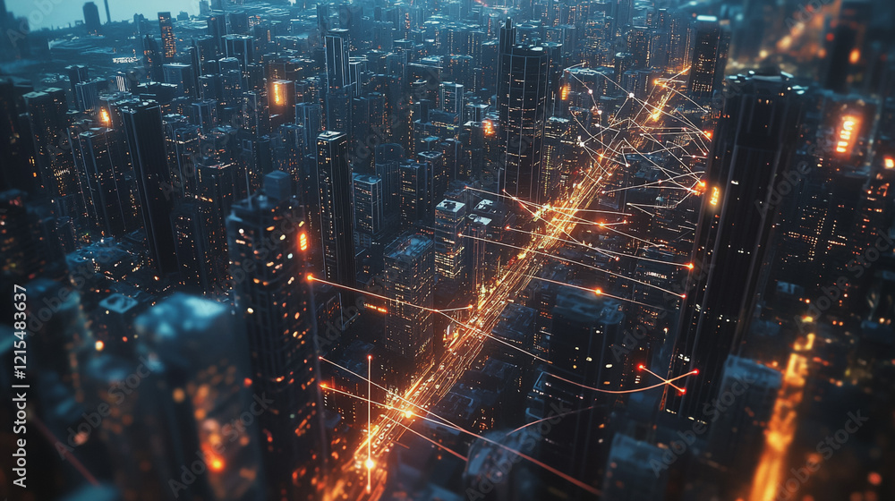 Smart digital Innovation city with connection network reciprocity over the twilight cityscape. of future smart wireless digital city and social media networking systems that connects people with city Smart digital Innovation city with connection network reciprocity over the twilight cityscape. of future smart wireless digital city and social media networking systems that connects people with city