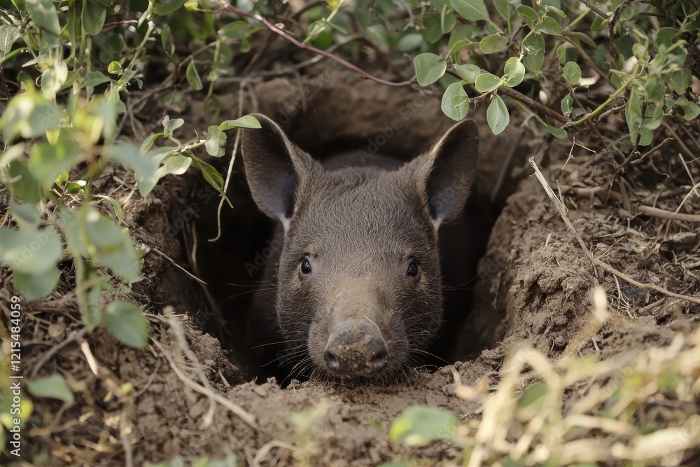 A wombat emerging from its burrow, nose twitching curiously, amid a backdrop of bushy undergrowth.