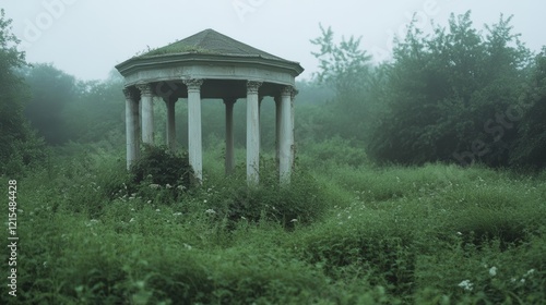 An overgrown, misty landscape embraces an ancient columned gazebo, exuding a sense of mystery and forgotten history. photo