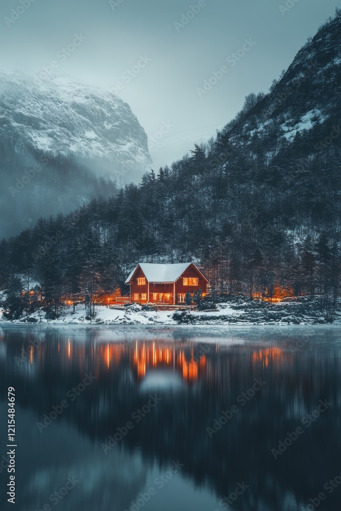 Fototapeta premium House and winter forest over lake with reflection covered by heavy snow.