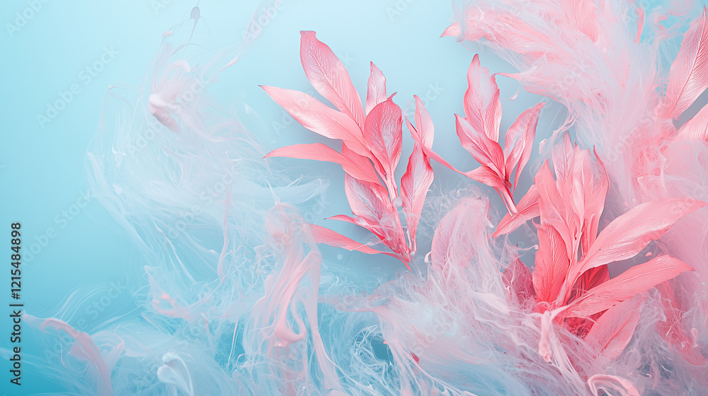 Obraz premium Light blue pastel background with soft pink plants and light pink and light blue ink splashes in water. Beautiful Banner with copy space and place for text