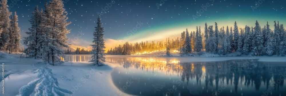 Obraz premium Beautiful aurora and winter landscape with snow forest.