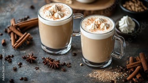Two lattes with whipped cream and cinnamon next to spices on wooden table