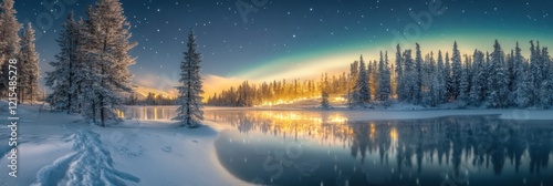 Beautiful aurora and winter landscape with snow forest.