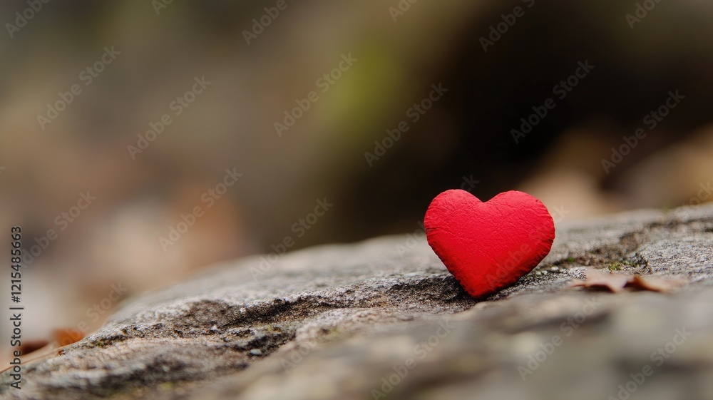 Fototapeta premium Small red heart-shaped object on rough stone surface outdoors