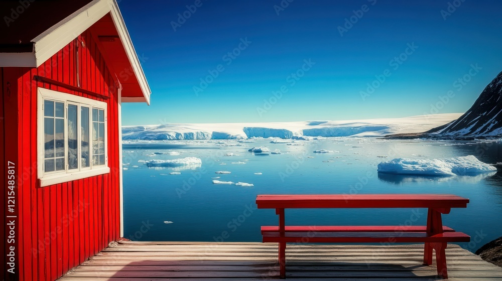 Fototapeta premium Arctic red cabin, icebergs, ocean view, sunny day, travel