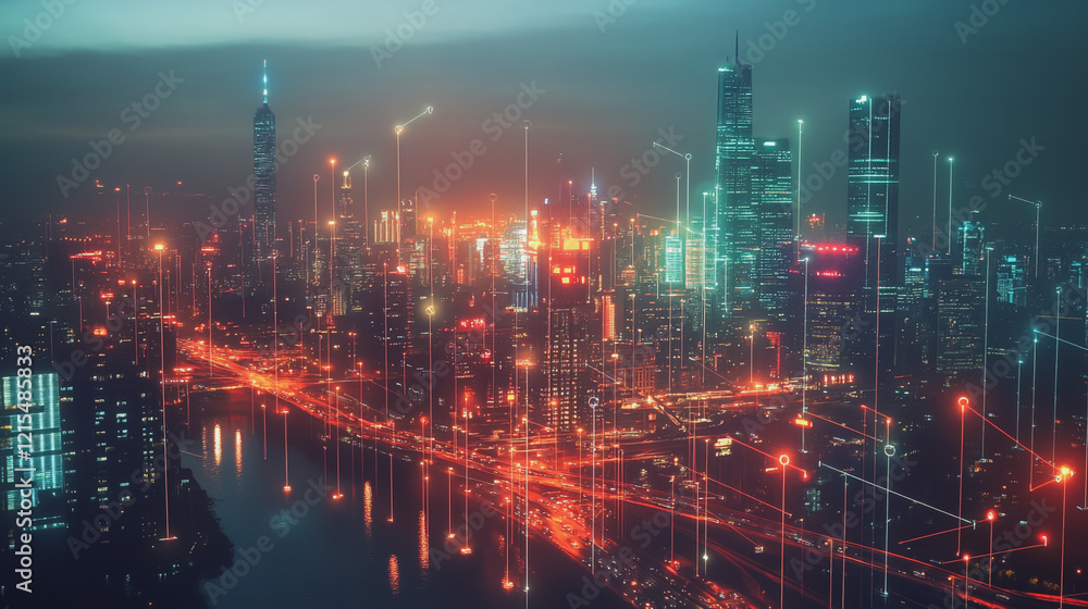 Fototapeta premium Smart digital Innovation city with connection network reciprocity over the twilight cityscape. of future smart wireless digital city and social media networking systems that connects people with city