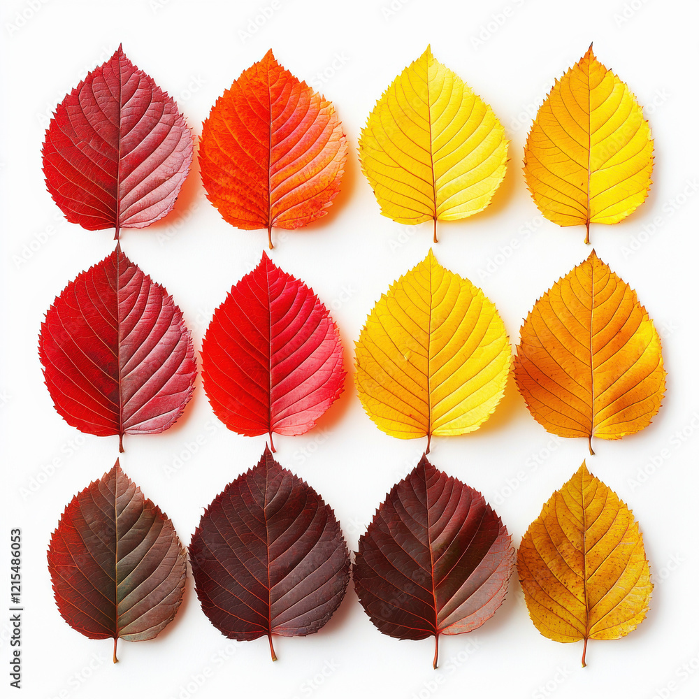 Vibrant autumn leaves arranged in a gradient from red to yellow on a clean white background Vibrant autumn leaves arranged in a gradient from red to yellow on a clean white background