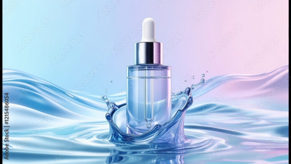 Elegant serum bottle splashes in refreshing water against a pastel backdrop Elegant serum bottle splashes in refreshing water against a pastel backdrop