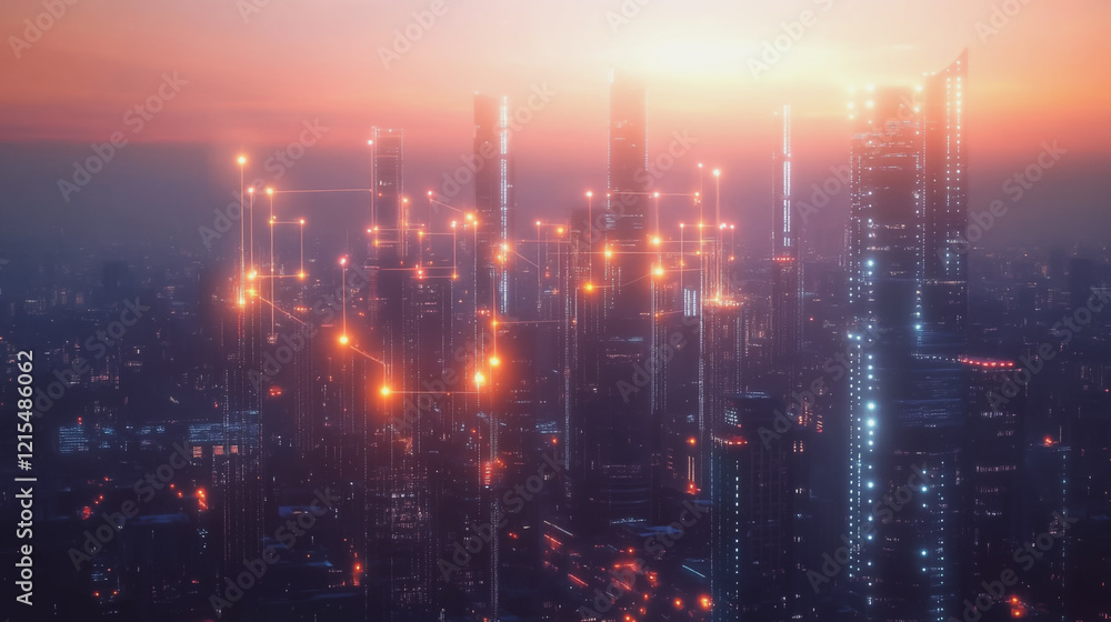 Fototapeta premium Smart digital Innovation city with connection network reciprocity over the twilight cityscape. of future smart wireless digital city and social media networking systems that connects people with city