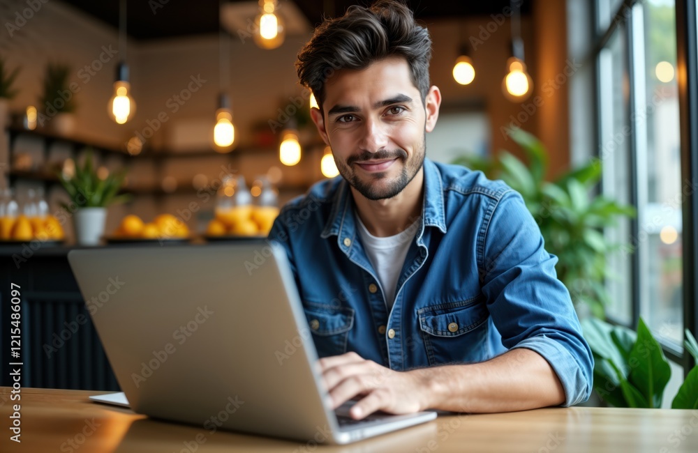 Hispanic man uses laptop in cafe. Looks confident, focused. Modern setting suggests remote work online training. Indoor urban cafe setting with natural light. Casual stylish attire. Man works on Hispanic man uses laptop in cafe. Looks confident, focused. Modern setting suggests remote work online training. Indoor urban cafe setting with natural light. Casual stylish attire. Man works on