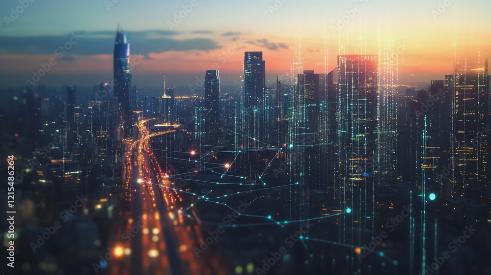 custom made wallpaper toronto digitalSmart digital Innovation city with connection network reciprocity over the twilight cityscape. of future smart wireless digital city and social media networking systems that connects people with city