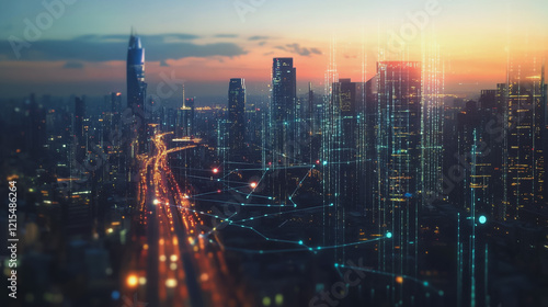 Wallpaper Mural Smart digital Innovation city with connection network reciprocity over the twilight cityscape. of future smart wireless digital city and social media networking systems that connects people with city Torontodigital.ca