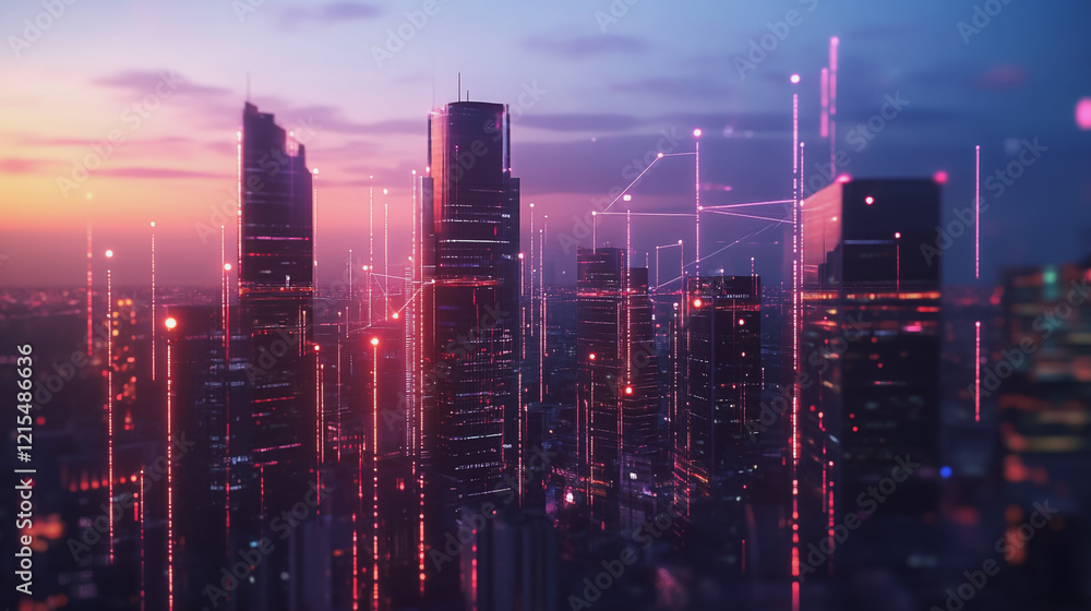 Fototapeta premium Smart digital Innovation city with connection network reciprocity over the twilight cityscape. of future smart wireless digital city and social media networking systems that connects people with city