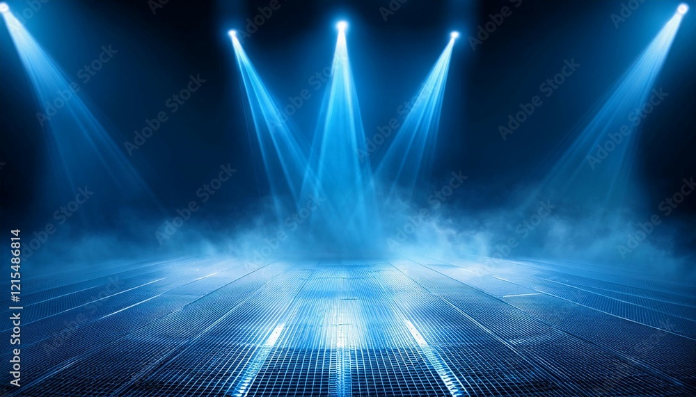 Obraz premium futuristic blue neon searchlights illuminate misty stage creating dramatic atmosphere