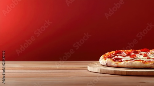Delicious pepperoni pizza on wooden table with red background