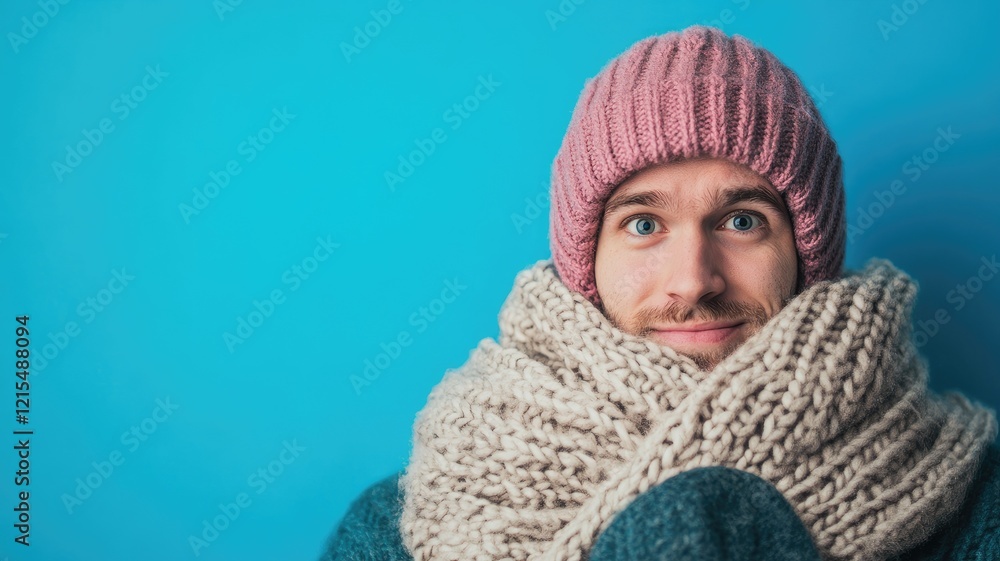 Smiling man in warm winter clothing with pink beanie and beige scarf against blue background Smiling man in warm winter clothing with pink beanie and beige scarf against blue background