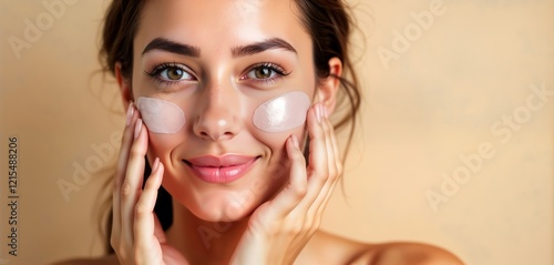 Young woman applying facial masks. Close-up studio shot. Light skin, happy expression. Skincare product application. Model healthy, glowing skin. Focus on beauty, wellness. Perfect for skincare photo