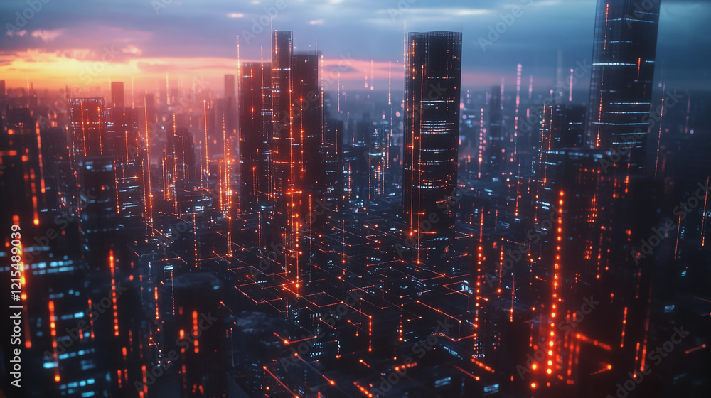Smart digital Innovation city with connection network reciprocity over the twilight cityscape. of future smart wireless digital city and social media networking systems that connects people with city Smart digital Innovation city with connection network reciprocity over the twilight cityscape. of future smart wireless digital city and social media networking systems that connects people with city