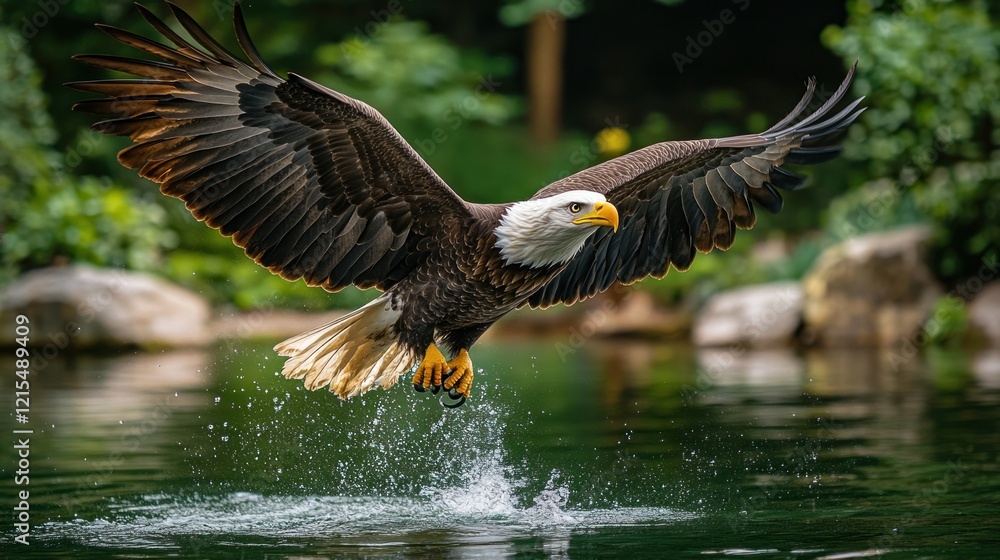 Fototapeta premium Bald eagle landing, pond, wildlife park, nature