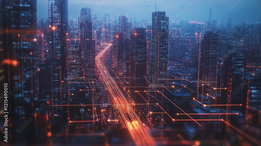 Smart digital Innovation city with connection network reciprocity over the twilight cityscape. of future smart wireless digital city and social media networking systems that connects people with city Smart digital Innovation city with connection network reciprocity over the twilight cityscape. of future smart wireless digital city and social media networking systems that connects people with city