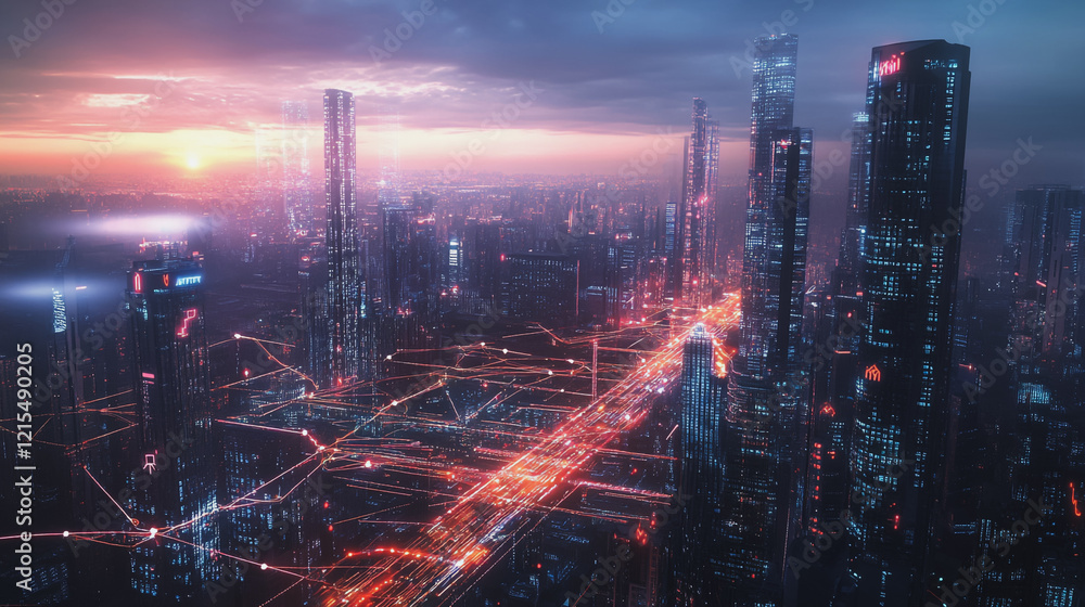 Smart digital Innovation city with connection network reciprocity over the twilight cityscape. of future smart wireless digital city and social media networking systems that connects people with city Smart digital Innovation city with connection network reciprocity over the twilight cityscape. of future smart wireless digital city and social media networking systems that connects people with city