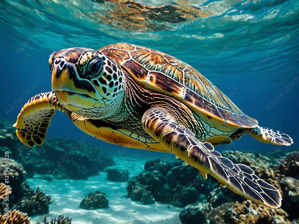 Fototapeta premium Graceful Sea Turtle Swimming Through Vibrant Coral Reef