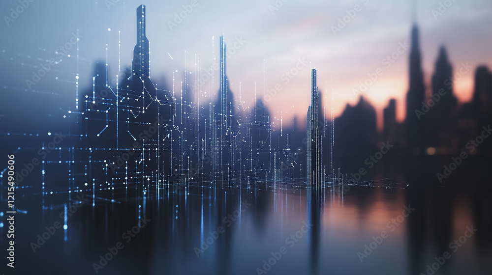 Fototapeta premium Smart digital Innovation city with connection network reciprocity over the twilight cityscape. of future smart wireless digital city and social media networking systems that connects people with city