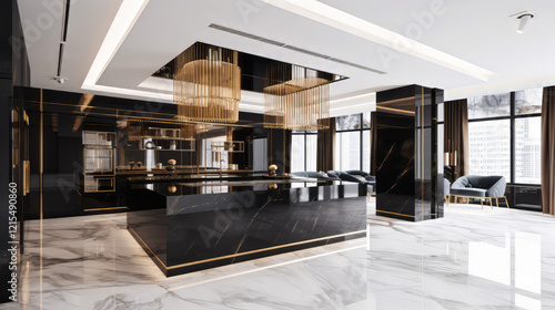 A luxurious kitchen featuring a large marble island, gold-accented fixtures, sleek minimalist cabinetry, 