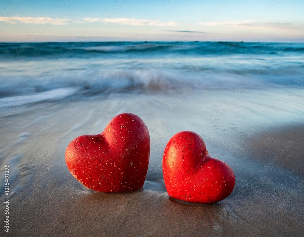 Fototapeta premium Two Red Heart-Shaped Rocks on the Beach with the Waves Gently Crashing, Representing Eternal Love