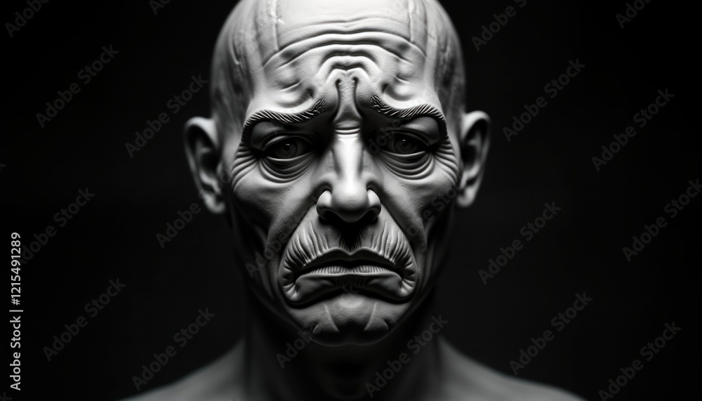 Dramatic close-up of old sad face. Sculpted mask shows deep wrinkles, pained expression. Intense lighting highlights facial details. Dark backdrop emphasizes emotion. Artistic representation of Dramatic close-up of old sad face. Sculpted mask shows deep wrinkles, pained expression. Intense lighting highlights facial details. Dark backdrop emphasizes emotion. Artistic representation of