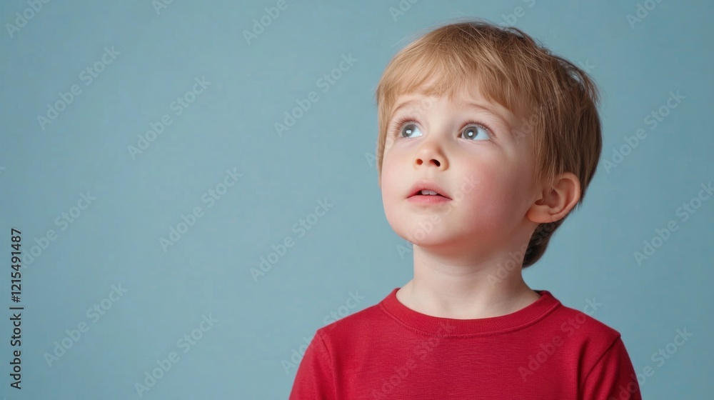 Naklejka premium Young Boy Gazing Upward with Curiosity Against a Blue Background in Bright Natural Light