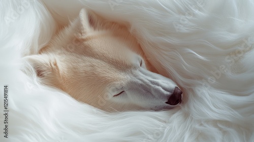 A white dog peacefully naps, cocooned in soft, fluffy fur, exuding warmth and tranquility.