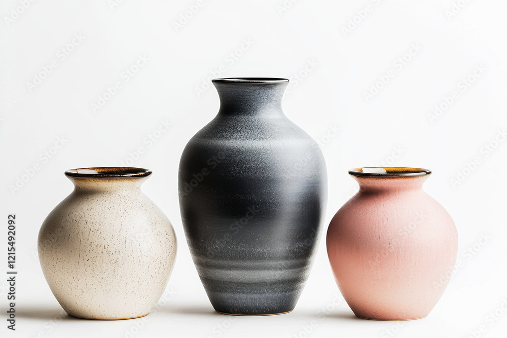 Set of three contemporary vases in varying sizes and colors against a pure white background showcasing modern design elegance Set of three contemporary vases in varying sizes and colors against a pure white background showcasing modern design elegance