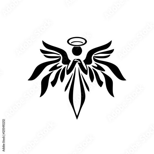Stylized Angel with Wings: A Black and White Religious Art Design.  Perfect for spiritual and religious themed projects, tattoos, or prints.