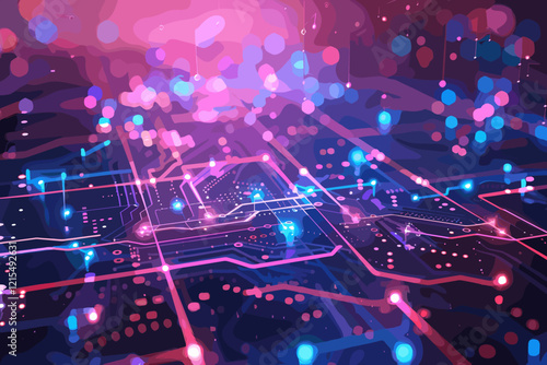 Futuristic Electronic Circuit Board with Glowing Network Connections