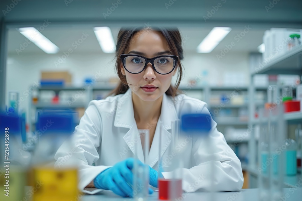 Focused female scientist examining a test tube in a clean laboratory during daytime, symbolizing dedication and precision. International Women’s Day and Labor day concept Focused female scientist examining a test tube in a clean laboratory during daytime, symbolizing dedication and precision. International Women’s Day and Labor day concept