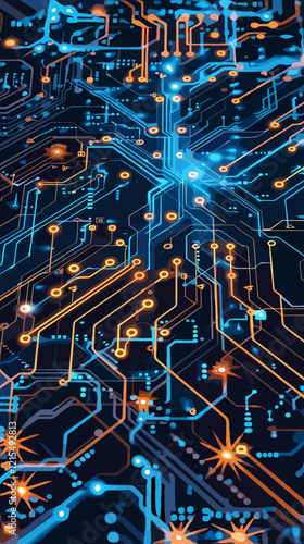 Futuristic Electronic Circuit Board with Glowing Network Connections