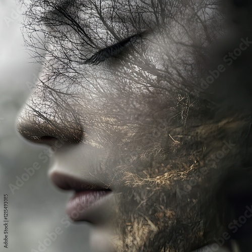 Woman Face Nature Double Exposure Image photo