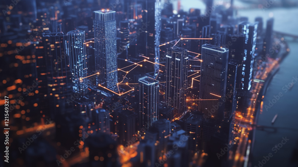 Fototapeta premium Smart digital Innovation city with connection network reciprocity over the twilight cityscape. of future smart wireless digital city and social media networking systems that connects people with city