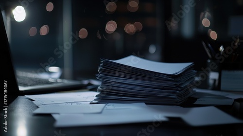 A stack of papers on a desk with a laptop
