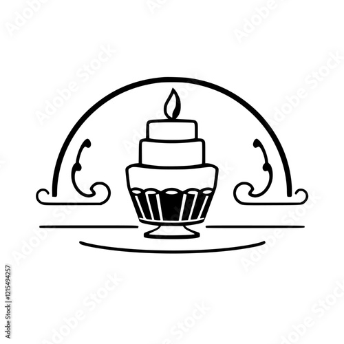 A delectable three-layered cake, adorned with a single candle, sits elegantly on a pedestal, creating a perfect image for birthday celebrations or special occasions. 