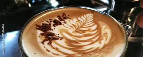 Intricate latte art with leaf design in coffee cup photo