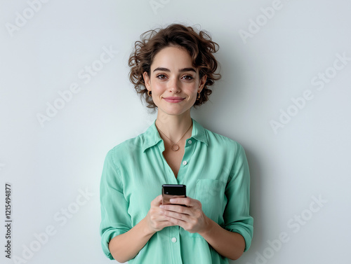 Jeune femme brune de 20 ou 30 ans, en chemise verte, regarde en souriant son smartphone, fond blanc, personnage pour publicité, site web, démo d'application ou de logiciel, tech et IT B2B photo