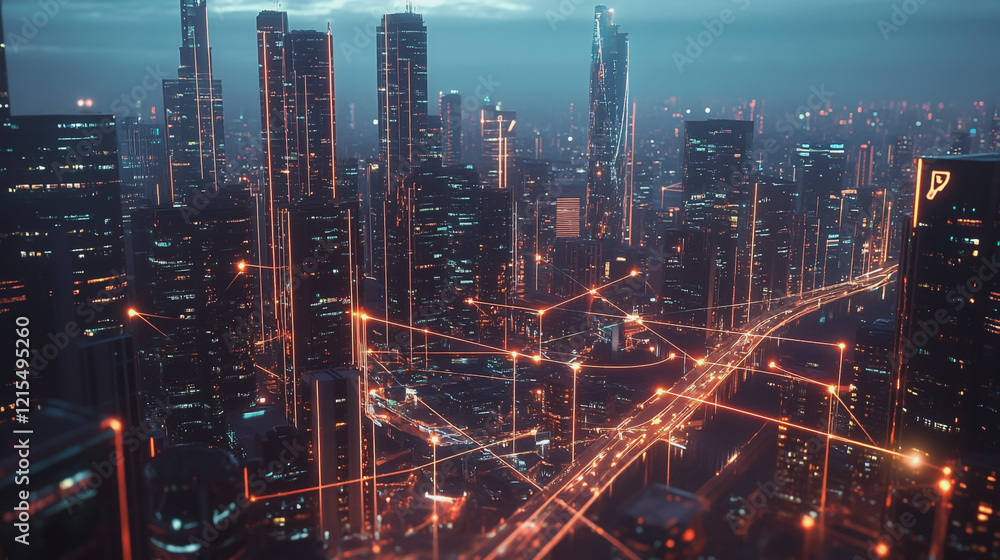 Smart digital Innovation city with connection network reciprocity over the twilight cityscape. of future smart wireless digital city and social media networking systems that connects people with city Smart digital Innovation city with connection network reciprocity over the twilight cityscape. of future smart wireless digital city and social media networking systems that connects people with city