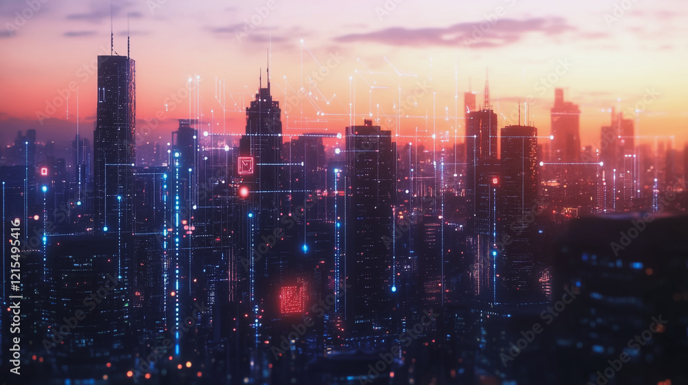 Fototapeta premium Smart digital Innovation city with connection network reciprocity over the twilight cityscape. of future smart wireless digital city and social media networking systems that connects people with city